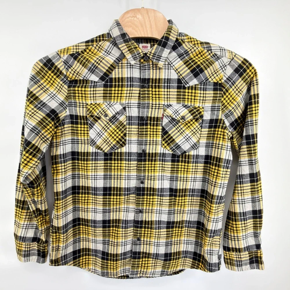 Levis Western Flannel Shirt Mens Large Yellow Black Plaid Snap 85745-0026